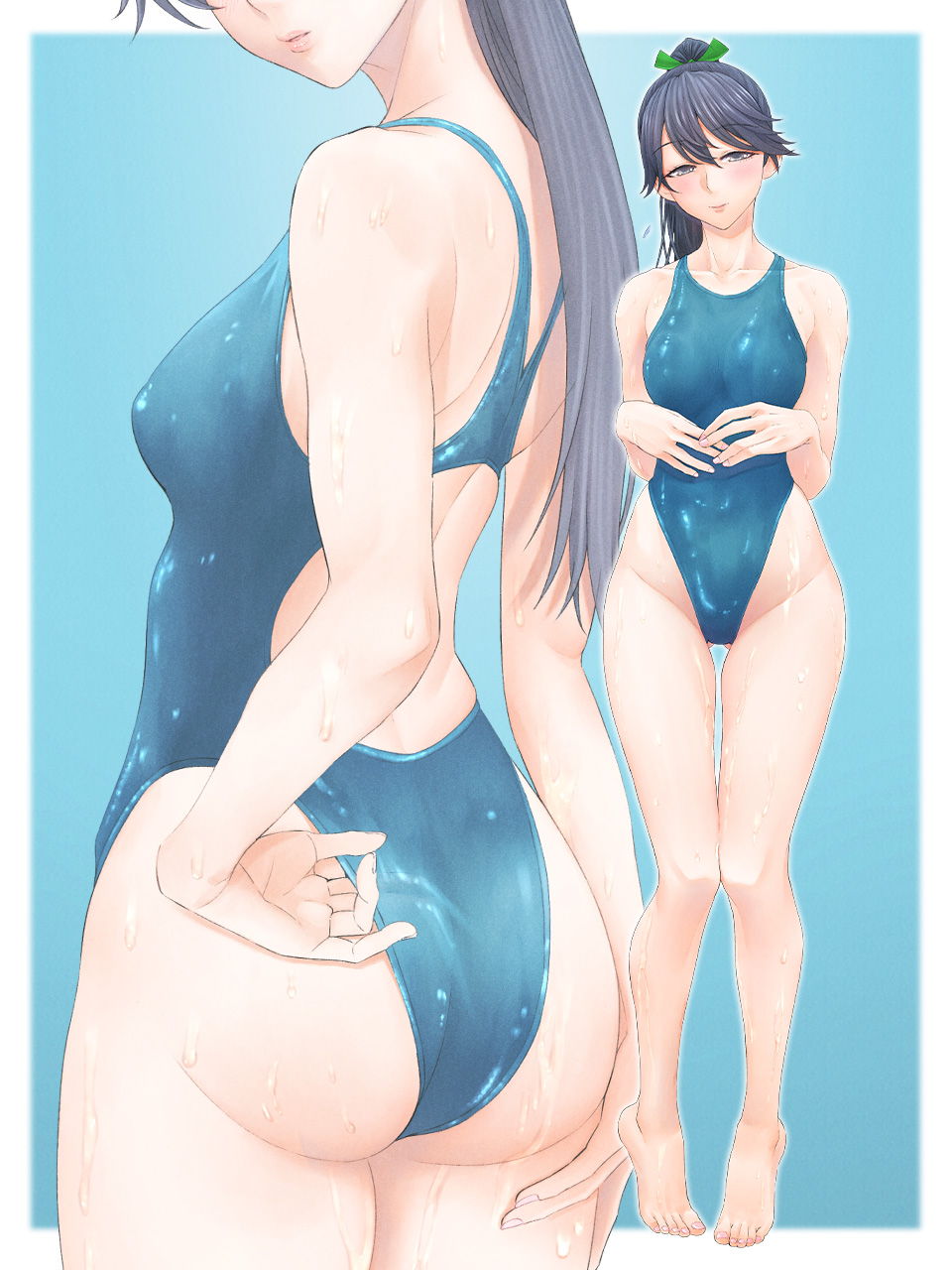 1girl ass black_eyes black_hair blue_one-piece_swimsuit breasts commentary_request commission competition_swimsuit groin highleg highleg_one-piece_swimsuit highres houshou_(kancolle) kantai_collection medium_breasts one-piece_swimsuit ponytail skeb_commission swimsuit tiptoes wedgie wet yuichi_(sp_sakura_yoshi)