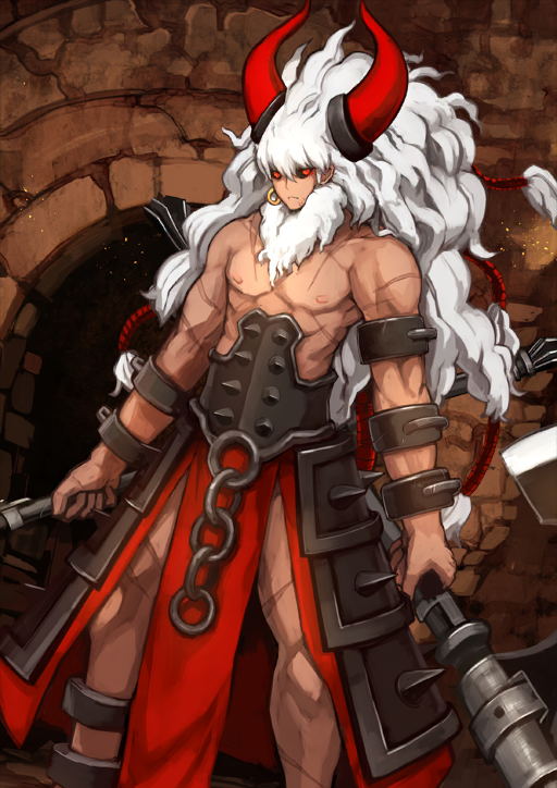 1boy armor asterios_(fate) axe beard belt black_mask black_sclera brown_background chain closed_mouth colored_sclera dark-skinned_male dark_skin dual_wielding dutch_angle earrings facial_hair fate/grand_order fate_(series) faulds gold_earrings holding holding_axe hoop_earrings horns jewelry legs_apart long_hair male_focus multiple_scars muscular muscular_male nipples official_art pectorals pelvic_curtain red_eyes red_horns red_skirt revision scar scar_on_arm scar_on_chest scar_on_leg shimadoriru single_earring skirt solo spikes standing third-party_source underground very_long_hair white_facial_hair white_hair