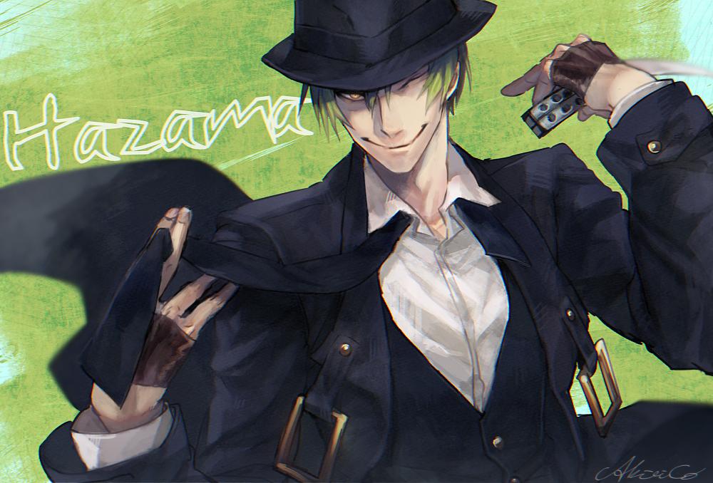 1boy akilico balisong black_vest blazblue character_name closed_eyes fedora fingerless_gloves formal_clothes gloves green_hair hat hazama holding holding_knife holding_weapon knife male_focus necktie one_eye_closed short_hair smile suit tuxedo vest weapon yellow_eyes yuuki_terumi