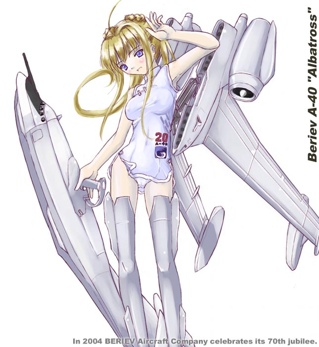 167sq 1girl ahoge aircraft airplane armpits beriev_a-40 blonde_hair blue_eyes character_name china_dress chinese_clothes dress female_focus flying_boat jet jet_engine long_hair mecha_musume military original panties short_dress simple_background solo soviet underwear white_background