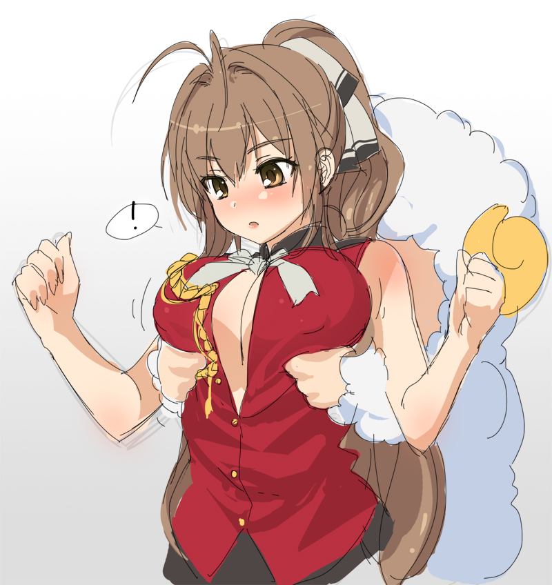 ! 10s 1girl ahoge aiguillette amagi_brilliant_park antenna_hair bad_id bad_pixiv_id breasts brown_eyes brown_hair cleavage covered_erect_nipples female_focus grabbing_another&#039;s_breast grabbing_from_behind gradient_background groping hanon_(heartofsword) large_breasts long_hair macaron_(amaburi) molestation parted_lips ponytail sento_isuzu sketch solo spoken_exclamation_mark