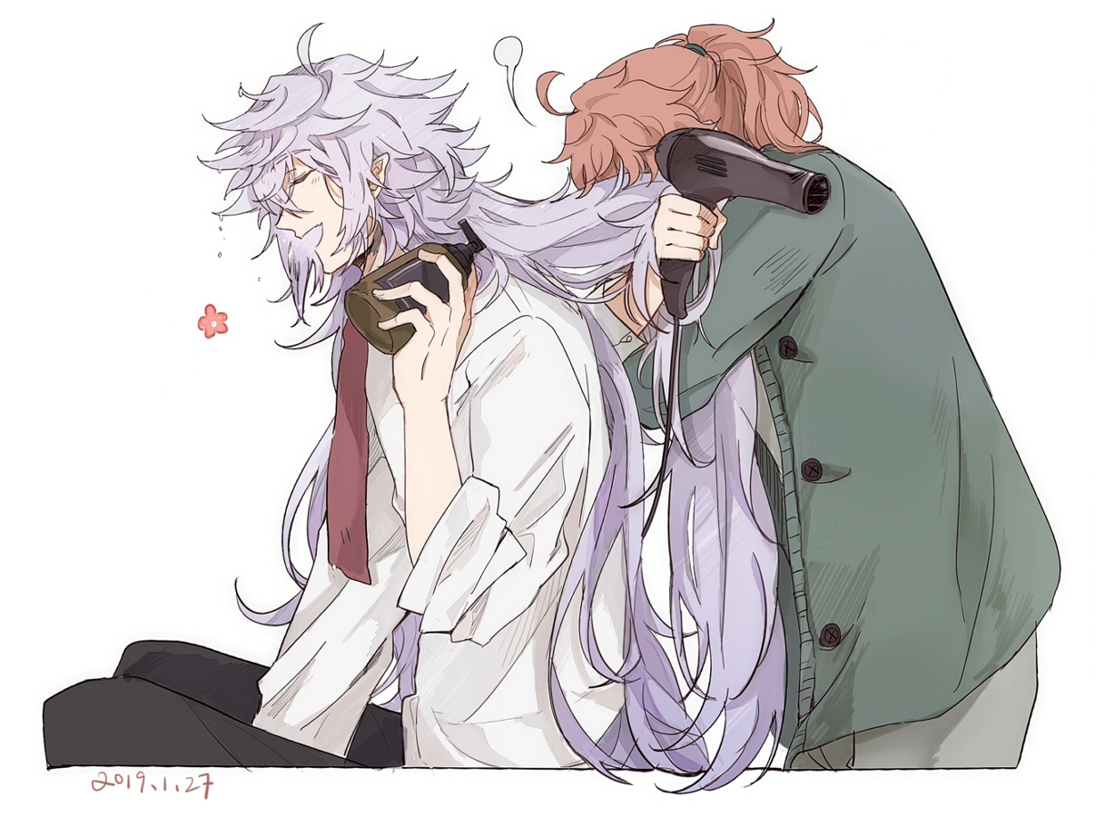 2boys :d ahoge alternate_costume black_pants bottle closed_eyes crossed_arms dated face_in_hair fate/grand_order fate_(series) flower from_side green_jacket green_pants green_shirt hair_between_eyes hair_dryer holding holding_another's_hair holding_bottle holding_hair_dryer jacket long_hair long_sleeves male_focus merlin_(fate) multiple_boys open_clothes open_jacket open_mouth orange_hair pants ponytail puff_of_air purple_hair romani_archaman ruoyin shampoo shampoo_bottle shirt simple_background smile u_u very_long_hair wet wet_hair white_background white_shirt