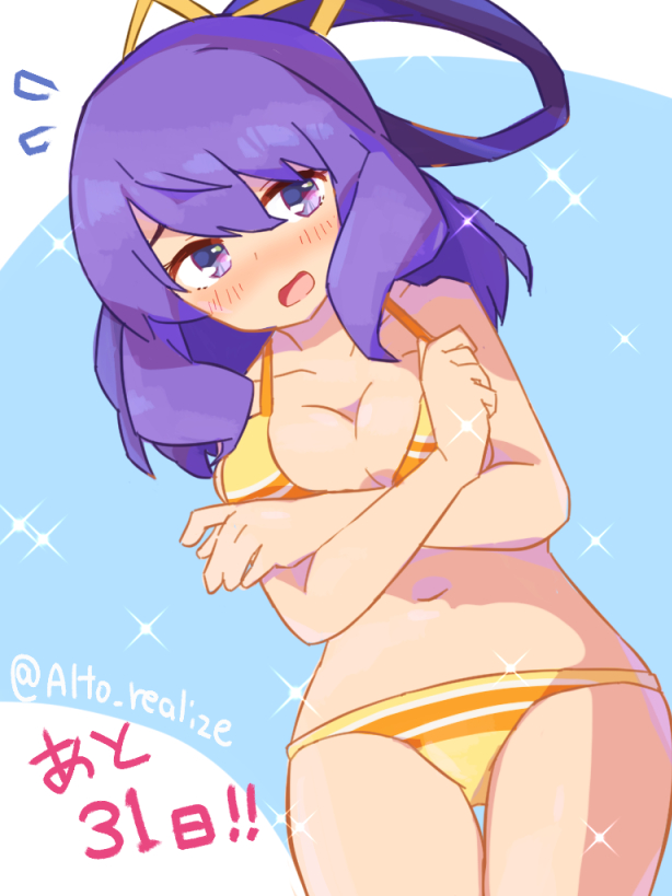 1girl altorealize ao_no_kiseki bikini blue_background blush breasts cleavage collarbone commentary_request covering_breasts covering_privates cowboy_shot eiyuu_densetsu flying_sweatdrops hair_rings large_breasts medium_hair navel open_mouth orange_bikini purple_eyes purple_hair rixia_mao solo sparkle standing swimsuit twitter_username two-tone_background white_background zero_no_kiseki