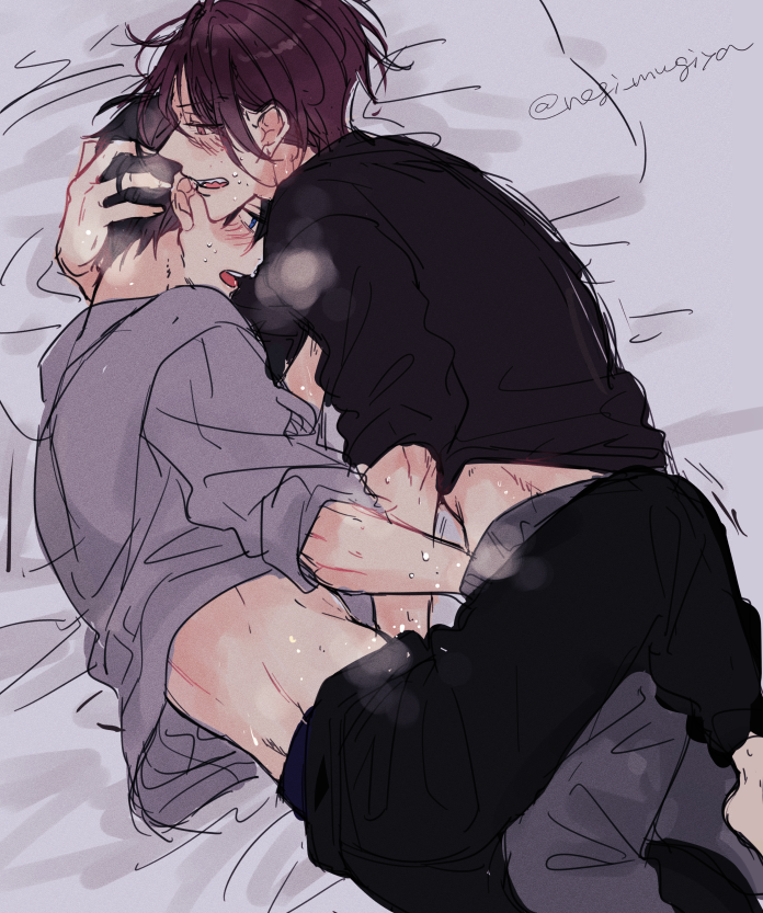 2boys black_hair blue_eyes blush clothes_lift facing_another free! grey_background grey_hoodie hair_between_eyes hand_on_another&#039;s_head handjob hood hoodie leg_wrap lying male_focus matsuoka_rin multiple_boys mutual_handjob mutual_masturbation nanase_haruka_(free!) negi_mugiya on_bed on_side open_mouth pants pillow red_eyes red_hair shirt_lift short_hair sketch steam steam_from_mouth sweat twitter_username yaoi