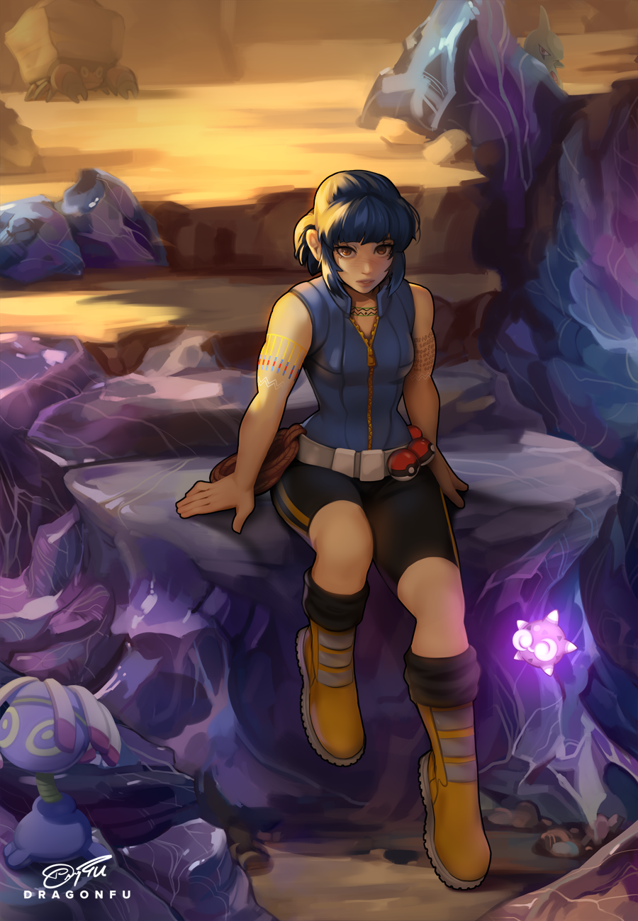 1girl arm_support arm_tattoo artist_name belt bike_shorts black_hair black_shorts blue_shirt blunt_bangs boots breasts brown_eyes chest_tattoo commentary commission crustle double_vertical_stripe dragonfu english_commentary expressionless eyelashes from_above full_body gen_2_pokemon gen_3_pokemon gen_5_pokemon gen_7_pokemon glowing grey_belt hair_strand highres hiking kate_mikolajczyk_(silverfox442) larvitar lileep lips looking_at_viewer medium_breasts minior nintendo obsidian_rock original parted_lips partially_unzipped poke_ball pokemon pokemon_(creature) ponytail rock rope shirt short_hair short_ponytail shorts sidelocks signature single_bare_shoulder sitting sleeveless sleeveless_shirt solo sunset tattoo unownglyphics upturned_eyes yellow_boots