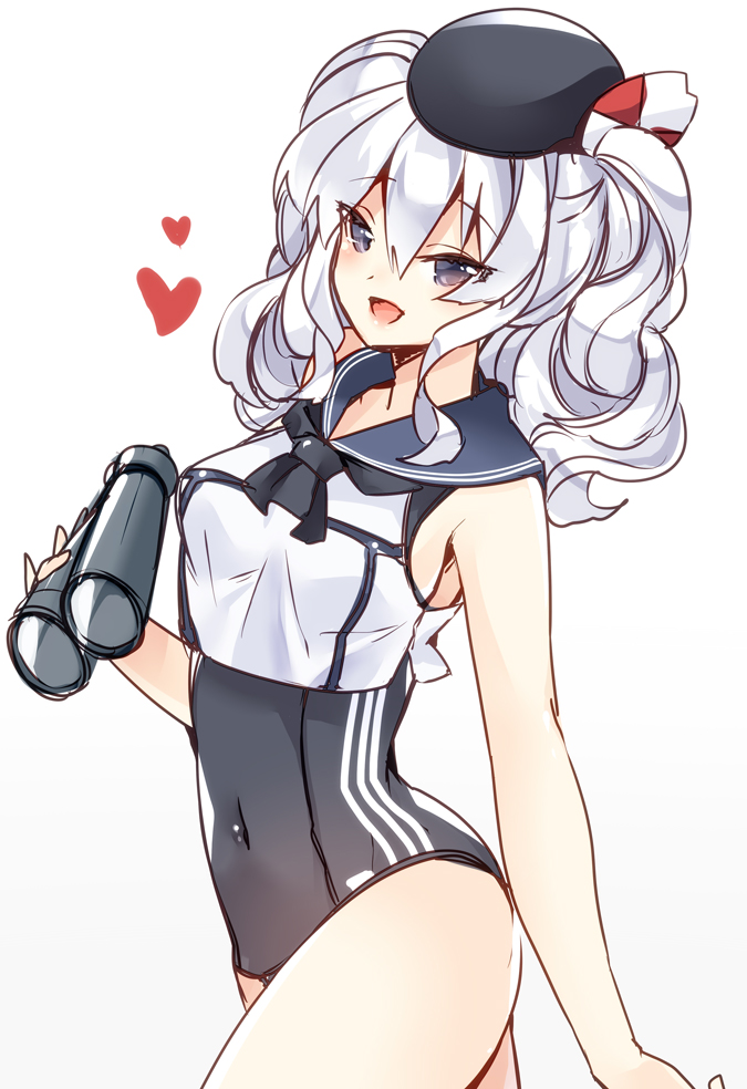 1girl 218 binoculars blush breasts cosplay covered_navel female_focus grey_eyes hat kantai_collection kashima_(kancolle) large_breasts long_hair one-piece_swimsuit open_mouth ro-500_(kancolle) ro-500_(kancolle)_(cosplay) sailor_collar silver_hair smile solo standing swimsuit swimsuit_under_clothes twintails wavy_hair