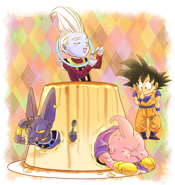 4boys :p animal antennae beerus black_eyes black_hair boots cape cat chibi closed_eyes commentary_request dessert dougi dragon_ball dragon_ball_z dragon_ball_z_kami_to_kami dragonball_z eating finger_to_mouth fingernails food full_body gloves happy long_sleeves looking_at_another majin_buu male_focus multicolored_background multiple_boys open_mouth plate pudding short_hair smile son_goku spiked_hair spoon stargeyser tongue tongue_out whis white_hair