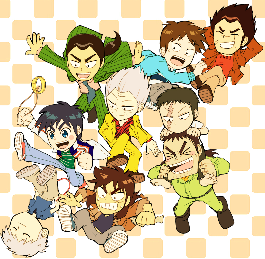 6+boys :d akagi:_yami_ni_oritatta_tensai akagi_shigeru animal_print arms_behind_head barefoot black_eyes black_footwear black_hair black_pants blue_cardigan blue_eyes blue_jacket blue_necktie blue_shirt boots brown_footwear brown_hair brown_jacket brown_pants buraiden_gai cardigan carrying checkered_background chibi clenched_teeth closed_eyes closed_mouth commentary_request facial_scar falling formal_clothes fukumoto_mahjong full_body gin_to_kin green_jacket green_jumpsuit green_pants grey_hair grin hair_slicked_back hands_in_pockets hirai_ginji igawa_hiroyuki itou_kaiji jacket jewelry jumpsuit kaiji kudou_gai kurosawa_(saikyou_densetsu_kurosawa) letterman_jacket long_hair long_sleeves low_ponytail male_focus morita_tetsuo multiple_boys necktie open_mouth orange_background pants piggyback pinstripe_pattern pinstripe_suit ponytail red_shirt ring saikyou_densetsu_kurosawa scar scar_across_eye scar_on_cheek scar_on_face shirt shoes short_bangs short_hair short_sleeves smile sneakers spiked_hair striped_clothes striped_jacket striped_pants striped_shirt suit t_k_g teeth ten_(manga) ten_takashi tiger_print tobaku_haouden_zero ukai_zero upper_teeth_only v-shaped_eyebrows vertical-striped_clothes vertical-striped_jacket vertical-striped_pants white_background white_jacket white_shirt
