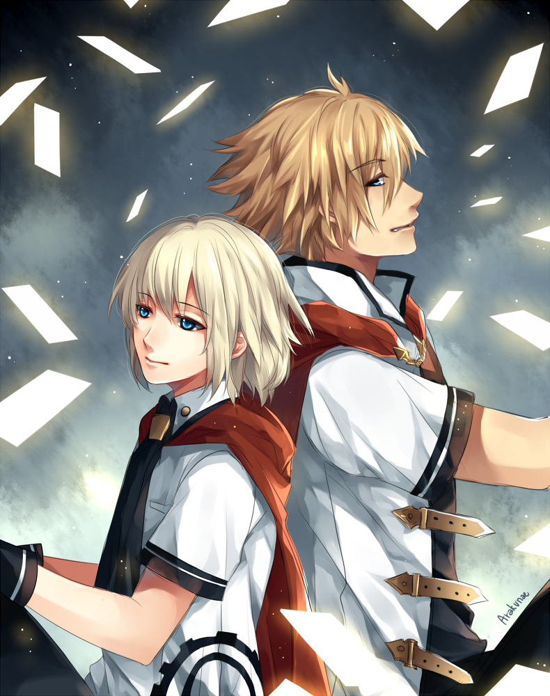 2boys ace_(fft-0) akademeia_uniform arakunae black_neckwear blonde_hair blue_eyes cape card final_fantasy final_fantasy_type-0 male_focus multiple_boys neckwear_request nine_(fft-0) plaid red_cape scarf school_uniform shirt short_hair simple_background smile white_shirt