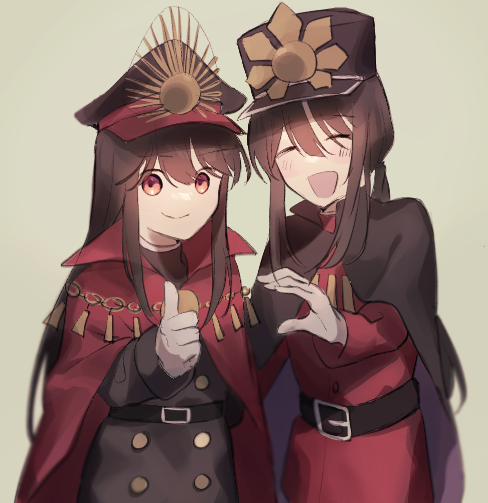 1boy 1girl :d belt black_belt black_cape black_hat black_jacket blurry brother_and_sister brown_hair buttons cape closed_eyes closed_mouth cowboy_shot depth_of_field double-breasted fate/grand_order fate_(series) green_background hair_between_eyes hand_up hat heart_hands_failure high_collar jacket kepi light_blush long_hair looking_at_viewer low_ponytail military_hat military_uniform mipi oda_nobukatsu_(fate) oda_nobunaga_(fate) oda_nobunaga_(koha-ace) open_mouth peaked_cap ponytail raised_eyebrows red_cape red_eyes red_jacket siblings sidelocks simple_background smile thumbs_up very_long_hair