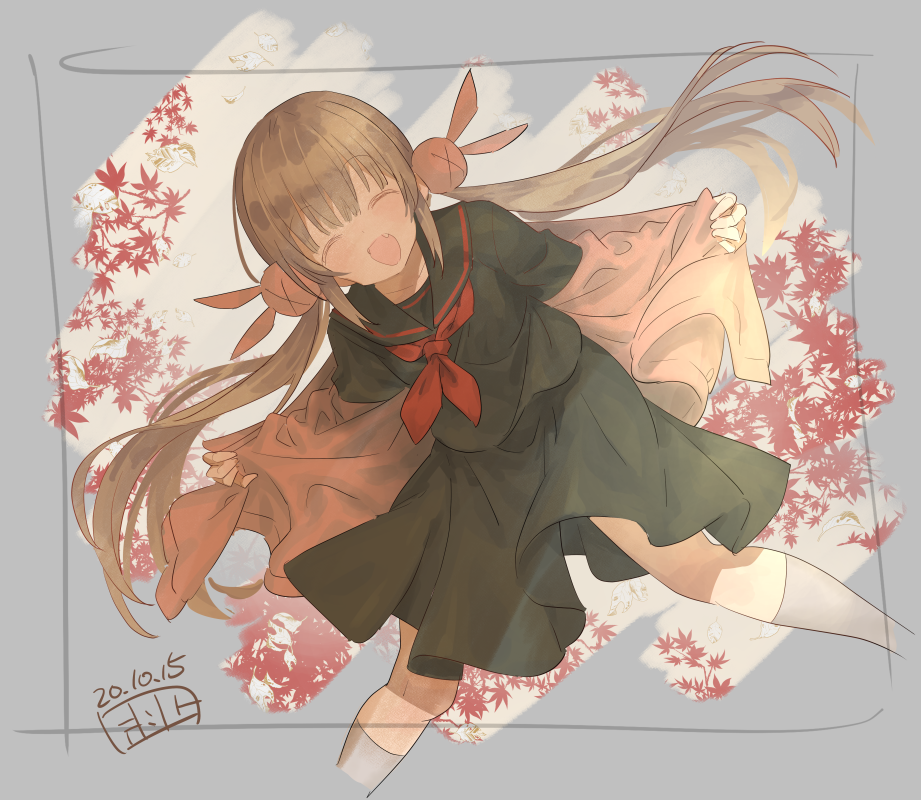 1girl :d ^_^ black_sailor_collar black_serafuku black_shirt black_skirt blush brown_hair brown_jacket closed_eyes cropped_legs dated facing_viewer fang fbc grey_background hair_ornament jacket long_hair long_sleeves low_twintails natori_sana natori_sana_(school_uniform) neckerchief open_clothes open_jacket open_mouth pleated_skirt rabbit_hair_ornament red_neckerchief revision sailor_collar sana_channel school_uniform serafuku shirt skirt smile socks solo twintails very_long_hair virtual_youtuber white_socks