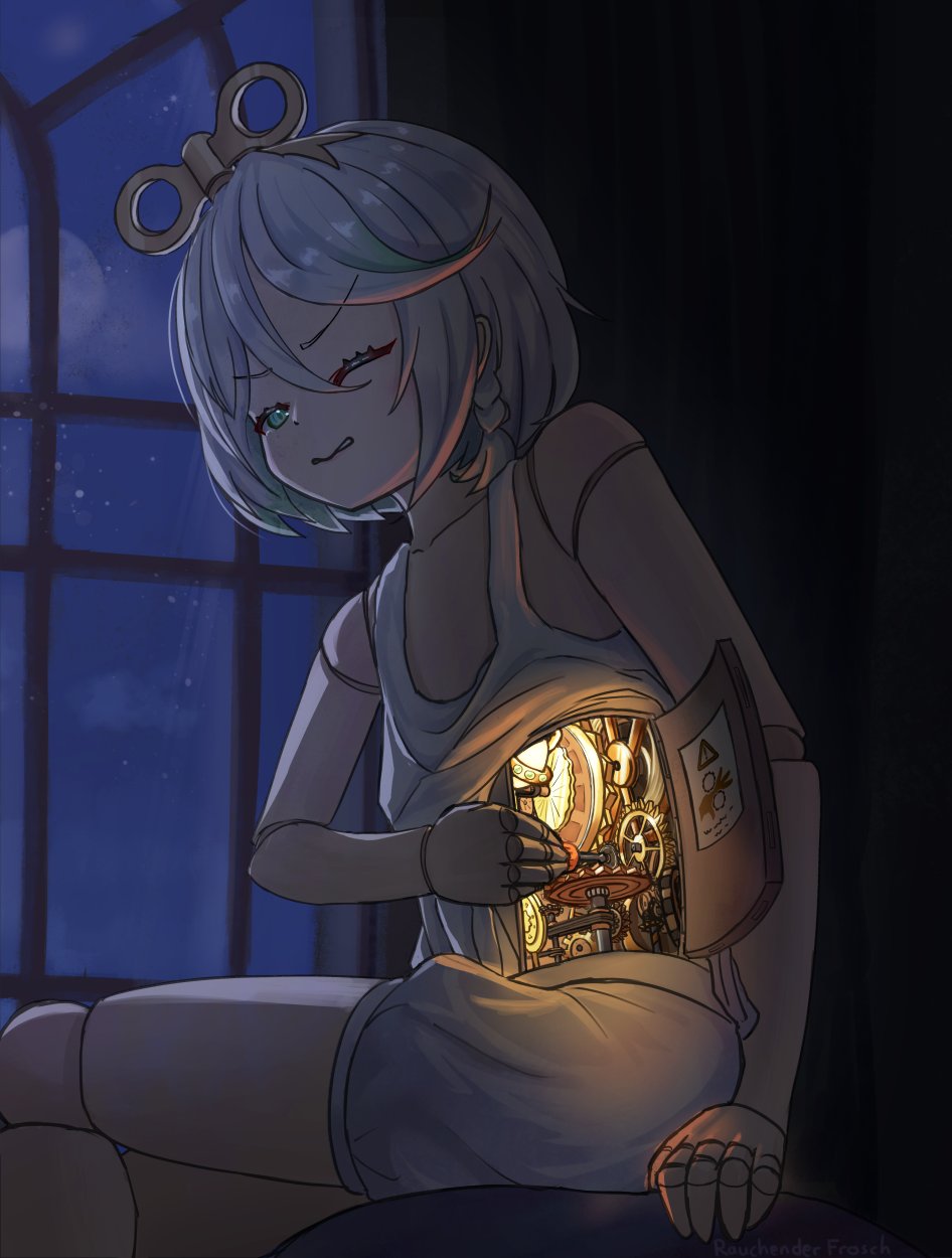 1girl artist_name automaton bedroom cecilia_immergreen clenched_teeth colored_inner_hair do_not_fist_android_girls_(meme) doll_joints exposed_internal_machinery flat_chest full_moon gears green_eyes green_highlights green_streaks grey_curtains highres holding holding_screwdriver hololive hololive_english joints meme moon multicolored_hair night night_sky on_bed one_eye_closed rauchenderfrosch repairing screwdriver shirt short_twintails shorts sign signature sky sleepwear sleeveless sleeveless_shirt solo star_(sky) starry_sky streaked_hair teeth twintails twitter_username virtual_youtuber warning_sign white_hair white_shirt white_shorts winding_key window