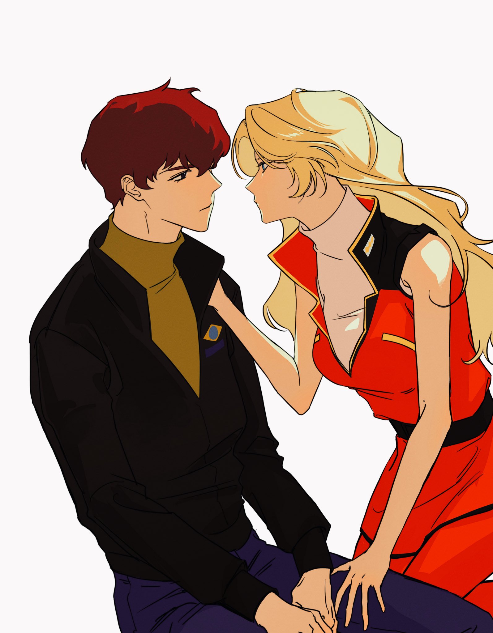 1boy 1girl amuro_ray belt black_eyes blonde_hair blue_eyes brown_hair char_aznable chuingonggong genderswap genderswap_(mtf) gundam highres jacket long_hair long_sleeves military_uniform mobile_suit_gundam pants shirt short_hair simple_background sitting turtleneck white_background