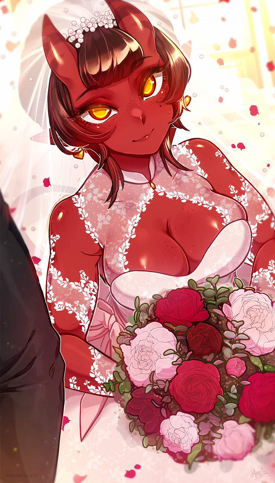 1boy 1girl alternate_hair_length alternate_hairstyle black_hair blunt_bangs blush body_freckles bouquet breasts bridal_veil bride cleavage cleavage_cutout clothing_cutout colored_skin commentary demon_girl dress earrings flower freckles heart heart_earrings highres holding holding_bouquet horns jewelry lace_trim looking_at_viewer makeup mascara medium_breasts meruccubus_(merunyaa) merunyaa mole mole_under_eye oni oni_horns original petals pointy_ears pov red_horns red_oni red_skin rose solo_focus symbol-only_commentary updo veil wedding_dress white_dress white_flower white_rose yellow_eyes