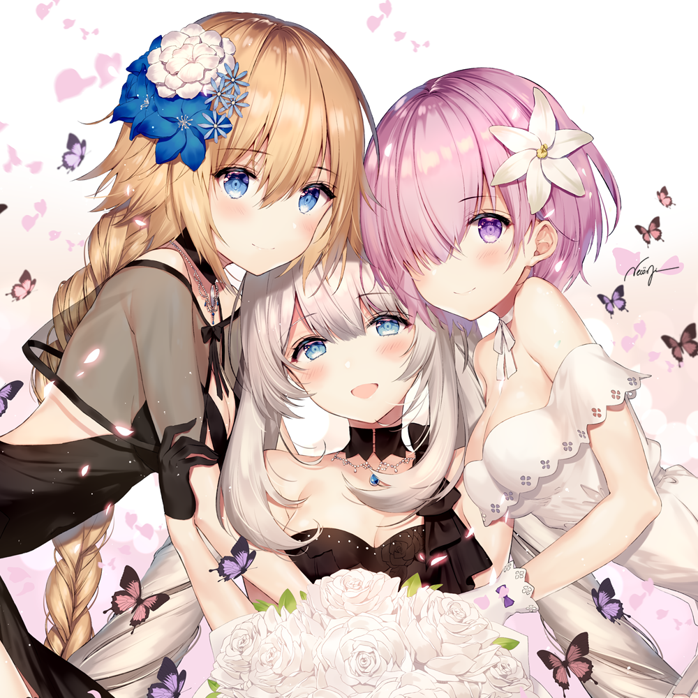 3girls bare_shoulders blonde_hair blue_eyes blush bouquet braid breasts bug butterfly cleavage dress fate/grand_order fate_(series) flower girl_sandwich hair_flower hair_ornament hair_over_one_eye insect jeanne_d&#039;arc_(fate) jeanne_d&#039;arc_(formal_dress)_(fate) jeanne_d&#039;arc_(ruler)_(fate) long_hair looking_at_viewer marie_antoinette_(fate) marie_antoinette_(formal_dress)_(fate) mash_kyrielight mash_kyrielight_(formal_dress) medium_breasts multiple_girls necomi official_alternate_costume open_mouth purple_eyes purple_hair sandwiched short_hair signature silver_hair single_braid smile twintails