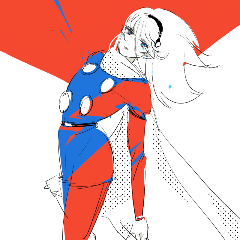 1girl belt black_belt black_hairband blue_coat blue_eyes blue_pants buttons coat cyborg cyborg_009 francoise_arnoul hair_over_face hairband long_hair looking_at_viewer manodemarina pants red_coat red_pants scarf soldier straight_hair white_hair white_scarf