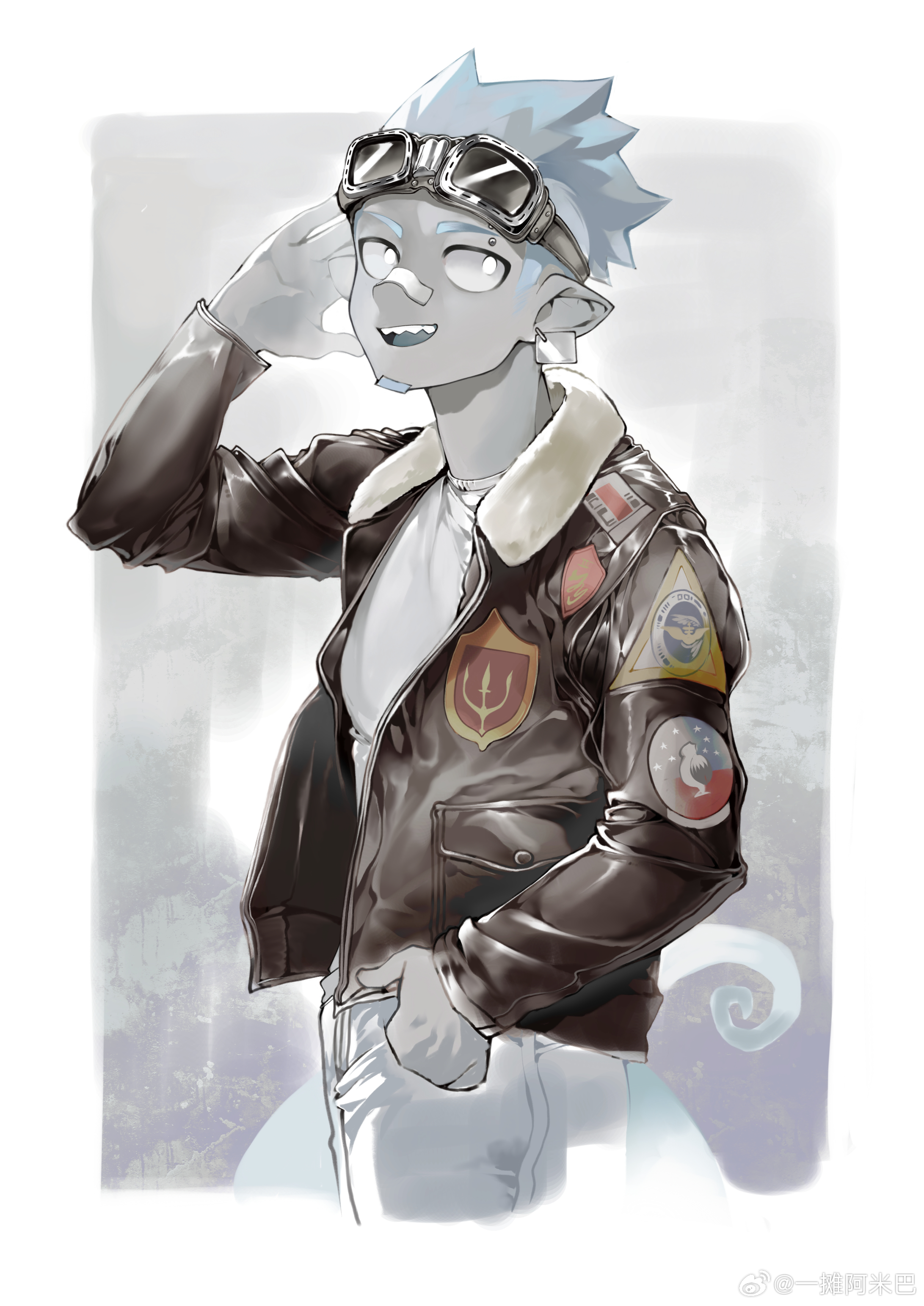1boy absurdres arknights bandaid bandaid_on_face bandaid_on_nose black_jacket blue_hair chameleon_boy chameleon_tail chinese_commentary commentary_request denim ethan_(arknights) fur-trimmed_jacket fur_trim goggles goggles_on_head hand_in_pocket highres jacket leather leather_jacket looking_to_the_side male_focus open_clothes open_jacket open_mouth pointy_ears sharp_teeth shirt smile tail teeth white_shirt yi_tan_a_mi_ba