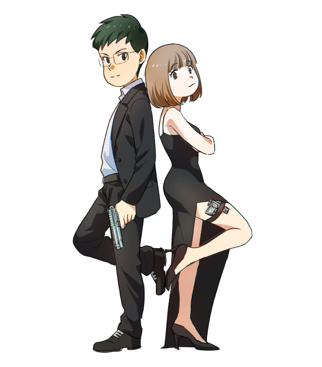 1boy 1girl black_dress black_hair blunt_bangs bob_cut brown_eyes brown_hair crossed_arms dress extra formal_clothes glasses glasses_boy_(osomatsu-san) gun high_heels holding holding_gun holding_weapon holster jacket kayoko_(panchlora) leg_up looking_at_viewer mr._and_mrs._smith osomatsu-san osomatsu_(series) parody shirt short-haired_girl_(osomatsu-san) short_hair side_slit smile suit thigh_holster weapon white_background white_shirt