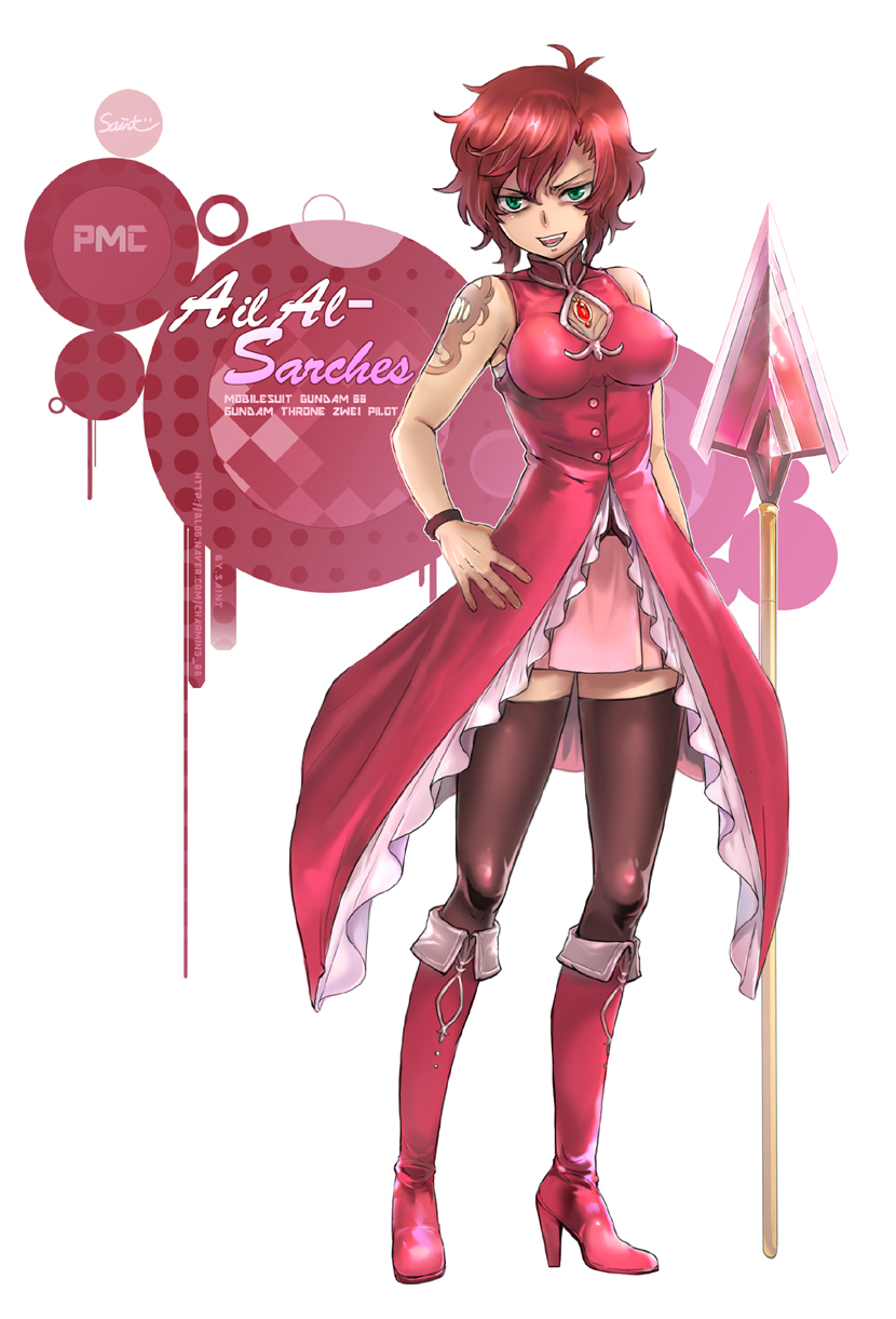 1girl ali_al-saachez bare_shoulders black_thighhighs breasts character_name cosplay female_focus genderswap genderswap_(mtf) german_text gundam gundam_00 highres impossible_clothes long_hair magical_girl mahou_shoujo_madoka_magica mahou_shoujo_madoka_magica_(anime) medium_breasts polearm ranguage red_hair saintklein sakura_kyoko sakura_kyoko_(cosplay) sakura_kyoko_(magical_girl) solo spear tattoo thighhighs weapon