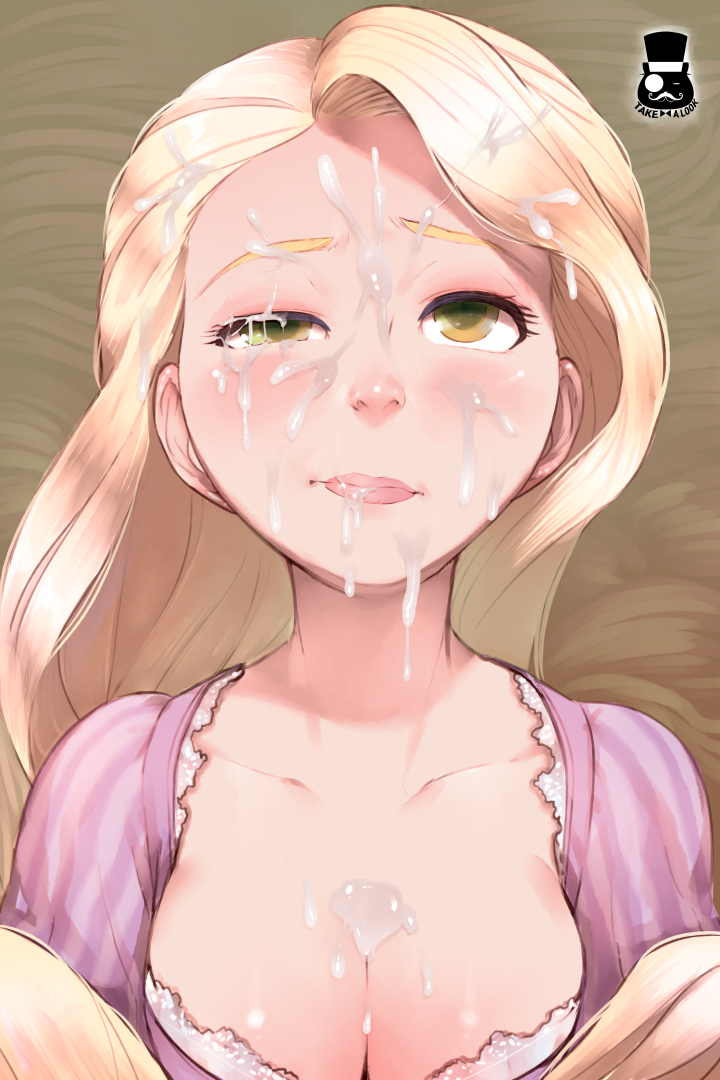 1girl blonde_hair blush breasts bukkake cleavage closed_mouth collarbone cum cum_in_eye cum_on_body cum_on_breasts cum_on_hair cum_on_upper_body cumdrip disney dress eyebrows eyelashes facial facing_viewer female_focus green_eyes lips long_hair looking_at_viewer medium_breasts mr.takealook nose rapunzel rapunzel_(disney) solo striped_clothes striped_dress tangled uneven_eyes upper_body vertical-striped_clothes vertical-striped_dress very_long_hair
