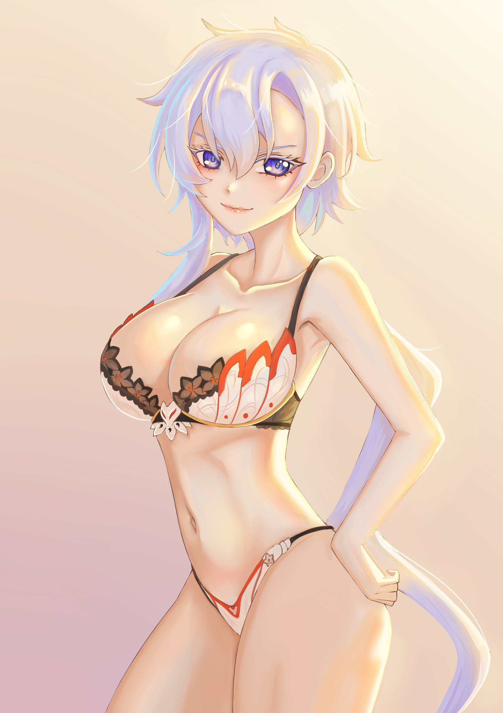 1girl absurdres bra breasts cleavage closed_mouth collarbone colored_eyelashes der_zweite grey_hair highres liora_walkyria lips long_hair multicolored_bra multicolored_clothes navel panties purple_eyes solo underwear v&amp;u_entertainment virtual_youtuber white_bra white_panties