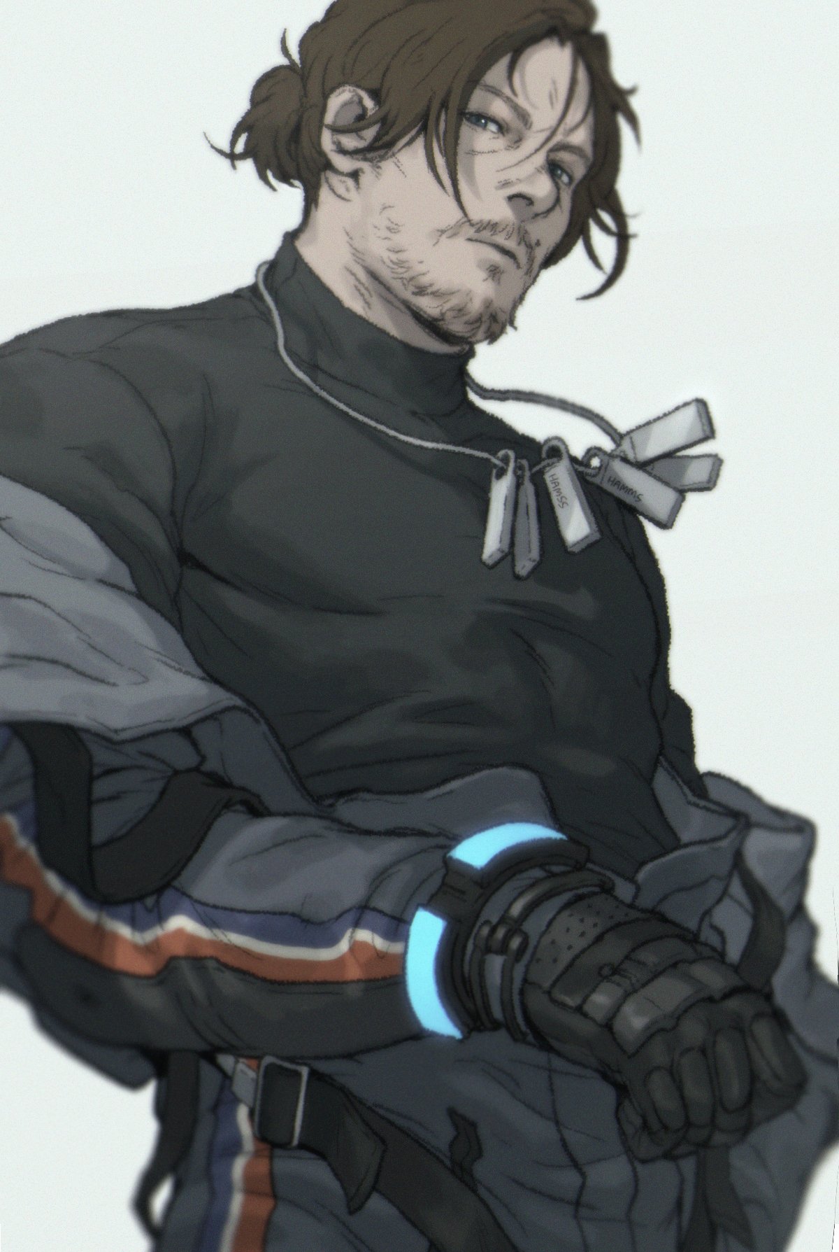 1boy bara black_gloves black_hair black_shirt blue_eyes bracelet closed_mouth death_stranding facial_hair gloves goatee hamms_hamss highres jewelry looking_at_viewer male_focus mature_male muscular muscular_male mustache necklace open_clothes ponytail sam_porter_bridges shirt short_hair simple_background solo spacesuit white_background