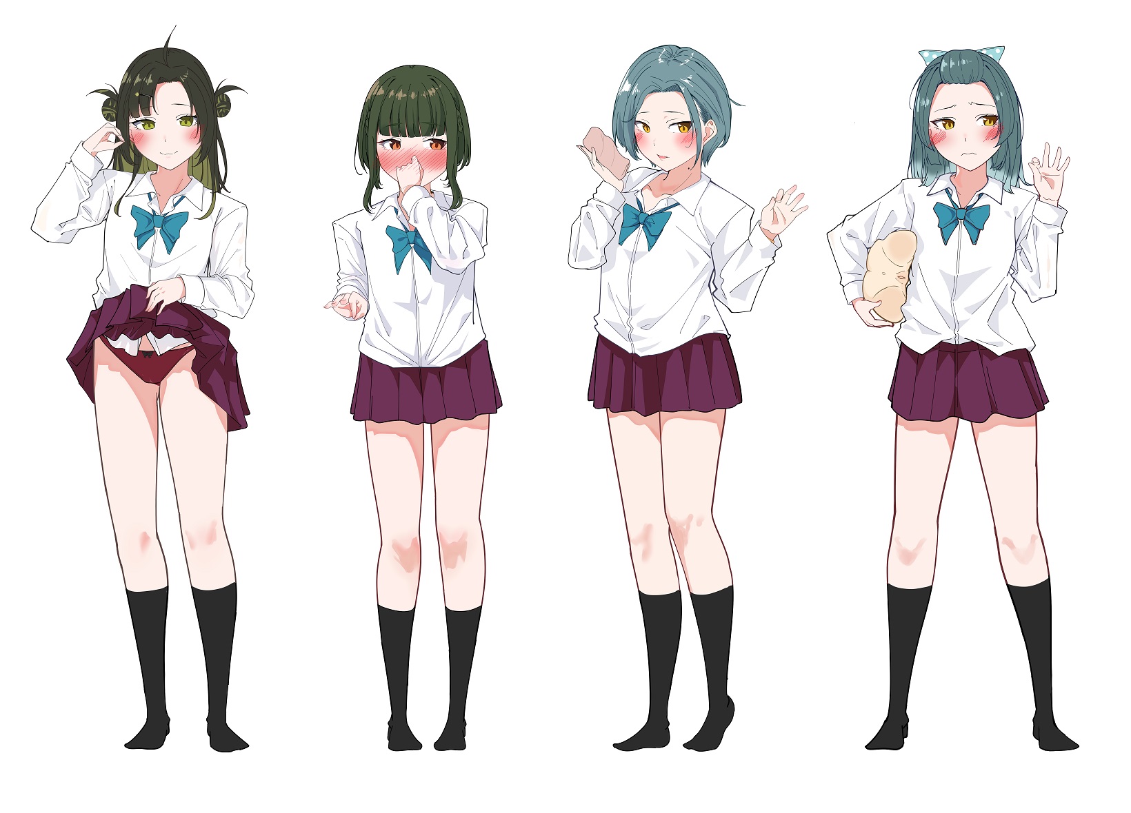4girls adapted_costume ahoge alternate_costume aqua_bow aqua_bowtie aqua_ribbon artificial_vagina black_hair black_socks blush bob_cut bow bowtie brown_eyes clothes_lift collared_shirt colored_inner_hair dildo double_bun forehead green_hair grey_eyes grey_hair hair_bun hair_ornament hair_ribbon hairclip half_updo highres holding holding_sex_toy kantai_collection lifting_own_clothes long_hair long_sleeves makinami_(kancolle) medium_hair miniskirt mole mole_on_neck multicolored_hair multiple_girls panties pleated_skirt polka_dot polka_dot_ribbon purple_skirt red_panties ribbon sex_toy shirt short_hair short_hair_with_long_locks sidelocks skirt skirt_lift socks suzunami_(kancolle) swept_bangs takanami_(kancolle) tamanami_(kancolle) underwear white_shirt yellow_eyes yungel
