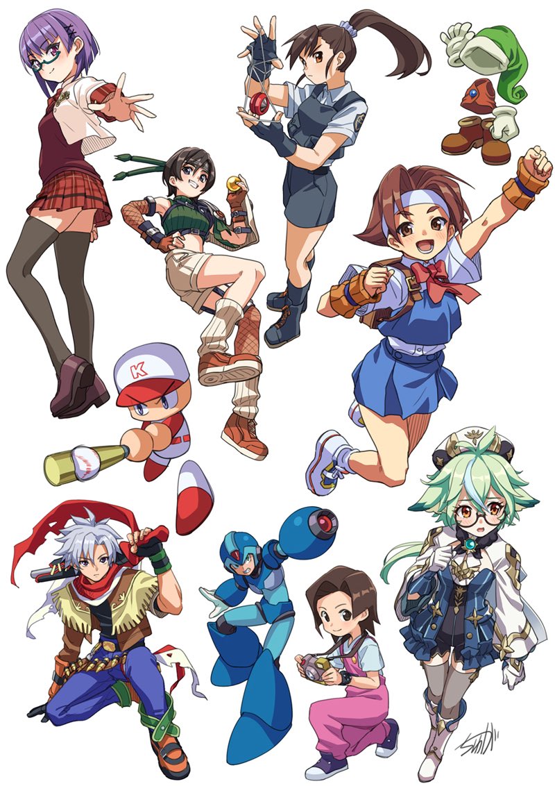 4boys 6+girls amazake_arika android animal_ears arm_cannon arm_guards armor asymmetrical_legwear ball baseball baseball_bat belt black_hair black_thighhighs blush breasts brown_hair camera camera_around_neck clenched_hands closed_mouth collared_shirt commentary_request crop_top cropped_jacket crossover denim ehrgeiz final_fantasy final_fantasy_vii fingerless_gloves fishnet_armwear fishnet_thighhighs fishnets flower fringe_trim from_side full_body genshin_impact glasses gloves green-framed_eyewear green_hair grey_eyes grey_shorts grin gun hair_ornament hand_on_own_hip hat headband helmet holding holding_ball holding_camera jacket jeans jet_enduro jikkyou_powerful_pro_yakyuu justice_gakuen kishibojin_yoko leg_armor leg_warmers long_hair long_sleeves looking_at_viewer looking_to_the_side male_focus materia medarot medium_breasts mega_man_(series) mega_man_x_(series) midriff moon_(love-de-lic) multiple_boys multiple_crossover multiple_girls nanami_(project_tokyo_dolls) open_clothes open_jacket open_mouth orange_gloves orange_shoes pants plaid_clothes plaid_skirt player_(moon) pleated_skirt police police_uniform ponytail power_pro_kun project_tokyo_dolls purple_eyes purple_flower purple_hair rayman_limbs red_shirt red_skirt scarf semi-rimless_eyewear shirt shoe_soles shoes short_hair short_shorts short_sleeves shorts shoulder_armor signature simple_background single_bare_shoulder single_fishnet_armwear skirt sleeveless sleeveless_turtleneck smile sneakers sucrose_(genshin_impact) sweater_vest teeth thighhighs turtleneck tyuga under-rim_eyewear wakaba_hinata weapon white_background white_hair white_jacket wild_arms wild_arms_3 x_(mega_man) x_hair_ornament yo-yo yuffie_kisaragi