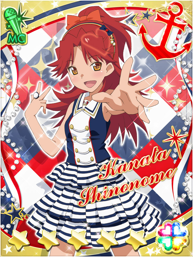 1girl :d akb0048 bow card_(medium) character_name cowboy_shot hair_bow hairband heart high_ponytail horizontal-striped_skirt inward_w long_hair looking_at_viewer non-web_source official_art open_mouth orange_bow orange_eyes outstretched_arm ponytail reaching reaching_towards_viewer red_hair shinonome_kanata shirt skirt sleeveless sleeveless_shirt smile solo sparkle standing star_(symbol) striped_clothes striped_skirt