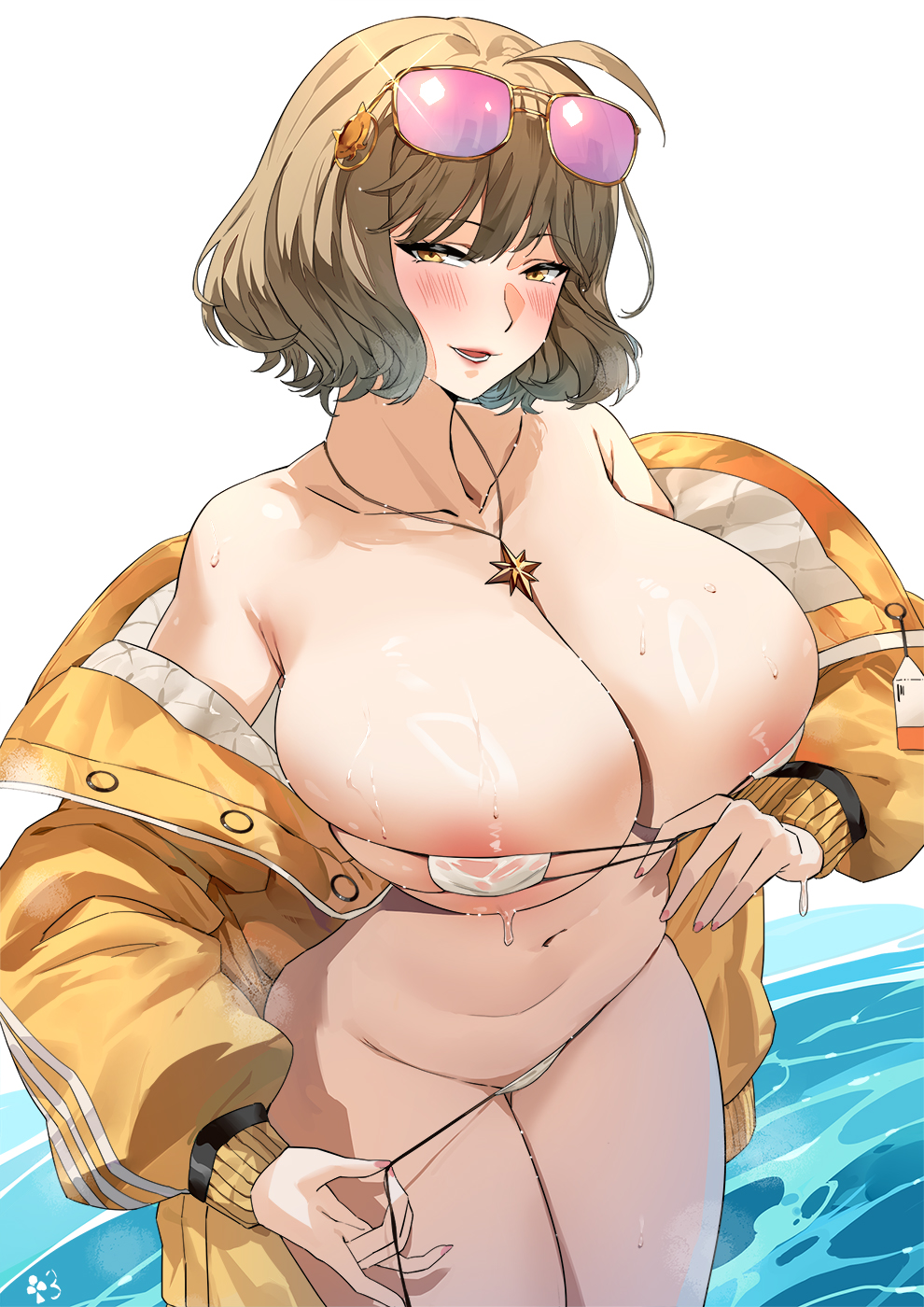 1girl anis_(nikke) anis_(sparkling_summer)_(nikke) areola_slip aviator_sunglasses bikini blush breasts cat_hair_ornament cleavage club3 collarbone covered_erect_nipples eyepatch_bikini eyewear_on_head goddess_of_victory:_nikke hair_ornament highres huge_breasts jacket jewelry long_sleeves looking_at_viewer navel necklace off_shoulder open_mouth short_hair skindentation smile solo sunglasses swimsuit tinted_eyewear water wet white_bikini yellow_jacket