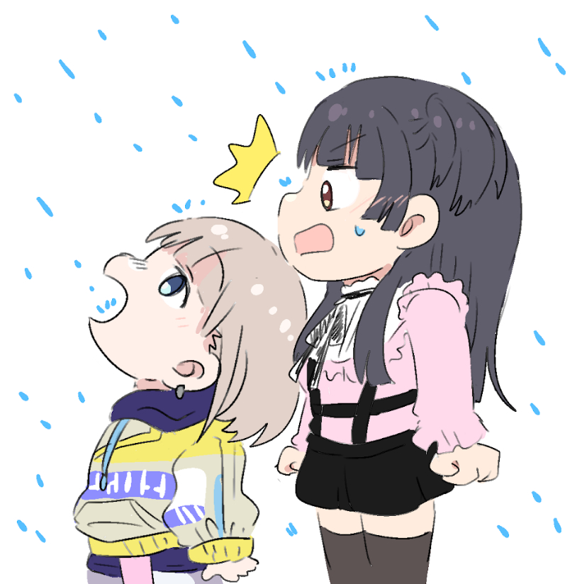 2girls ^^^ artisansg_lily black_hair black_skirt black_thighhighs blue_eyes brown_eyes brown_hair clenched_hands earrings goku_and_vegeta_in_the_rain_(meme) hood hood_down hoodie idolmaster idolmaster_shiny_colors jewelry jitome long_hair mayuzumi_fuyuko meme multiple_girls open_mouth pink_shirt rain serizawa_asahi shirt simple_background skirt tareme thighhighs two_side_up v-shaped_eyebrows white_background zettai_ryouiki
