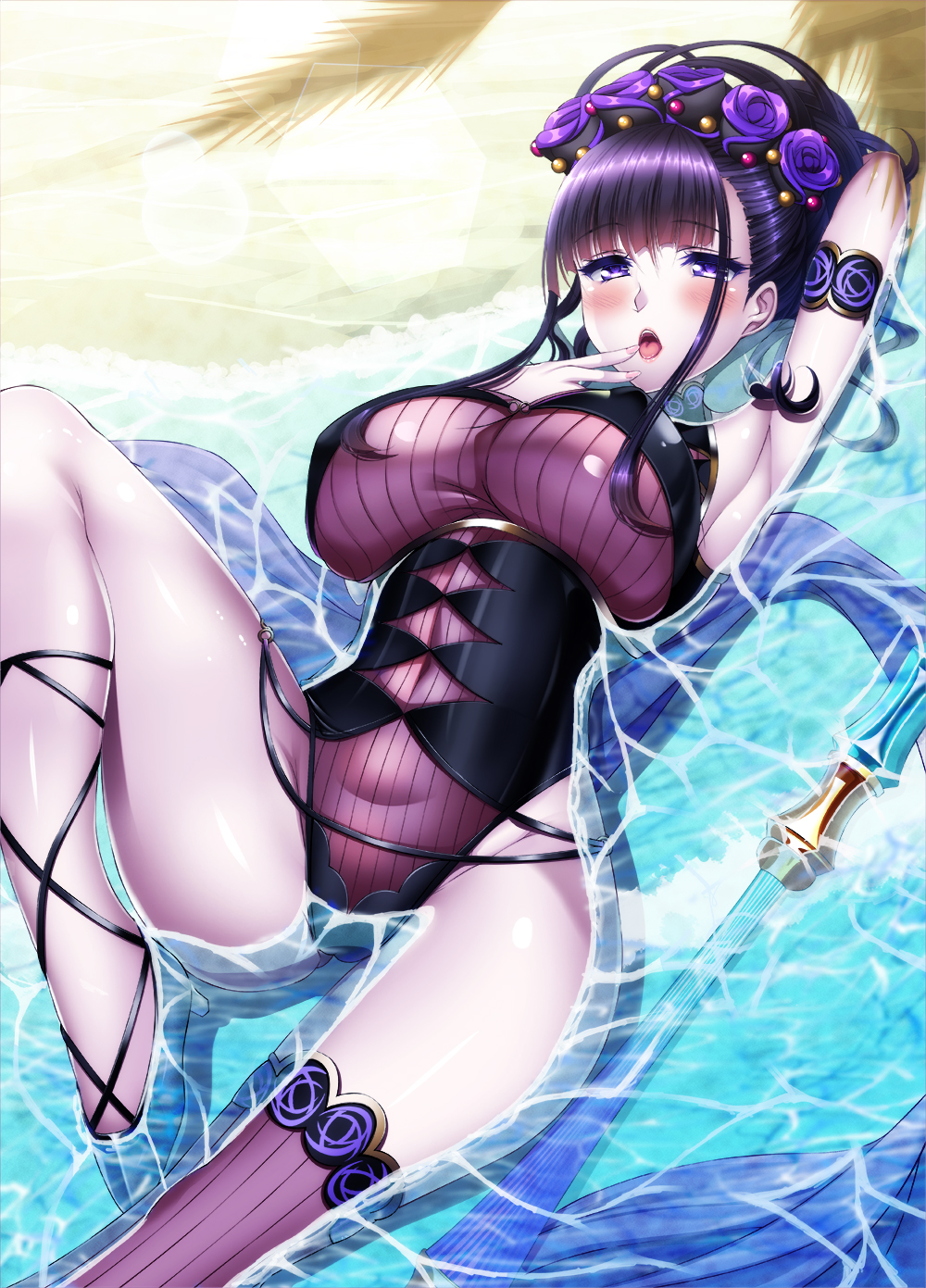 1girl arm_up black_hair blush breasts fate_(series) finger_to_mouth fingernails highres large_breasts murasaki_shikibu_(fate) murasaki_shikibu_(swimsuit_rider)_(fate) official_alternate_costume open_mouth purple_eyes purple_hair sand solo water weapon yuuzuki_hijiri