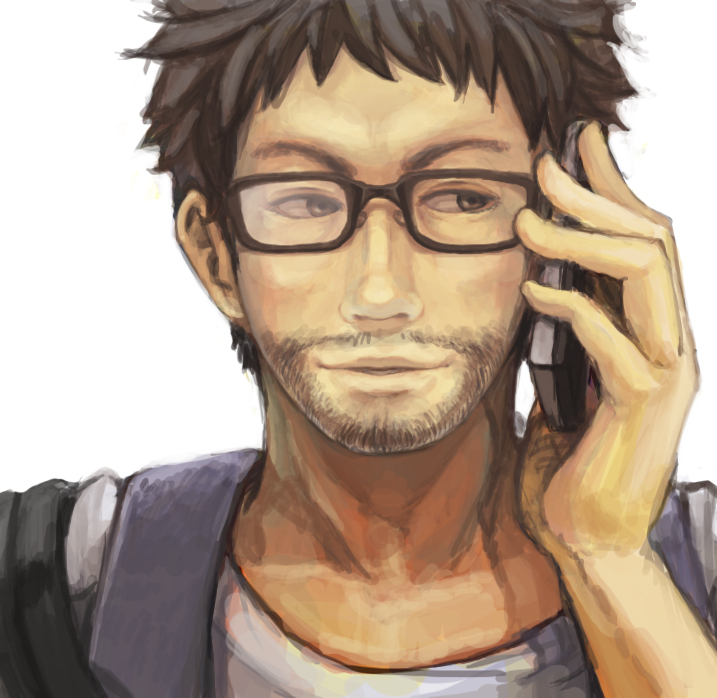 1boy 428_shibuya_scramble beard brown_hair calling eyebrows facial_hair glasses male_focus phone sasayama_yuuji short_hair simple_background tamagasukiano white_background