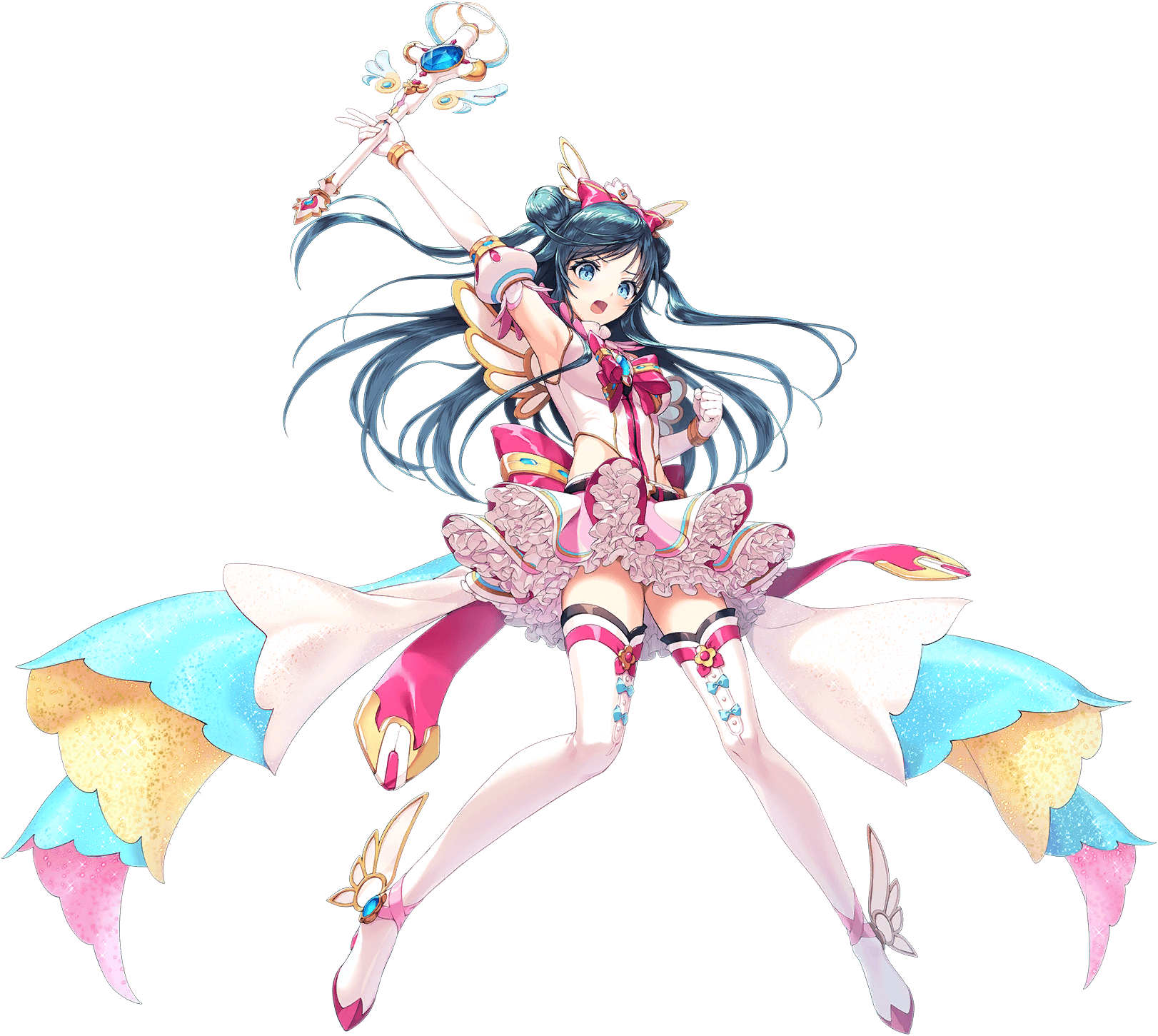 1girl ankle_wings arm_up armpits artist_request blue_eyes bow breasts clenched_hand detached_sleeves double_bun frills full_body game_cg hair_bow hair_bun highres magical_girl official_alternate_costume official_art open_mouth pink_bow sanya_(unitia) solo source_request transparent_background unitia wings