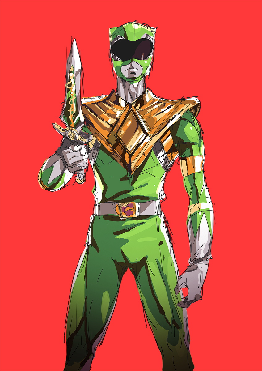 1boy animification arm_guards armor belt bodysuit boots burai commentary dagger dino_buckler dragon_ranger english_commentary gloves gold_armor helmet highres holding holding_dagger holding_knife holding_weapon knife kyoryu_sentai_zyuranger male_focus mighty_morphin_green_ranger mighty_morphin_power_rangers power_rangers super_sentai tom_skender tommy_oliver weapon