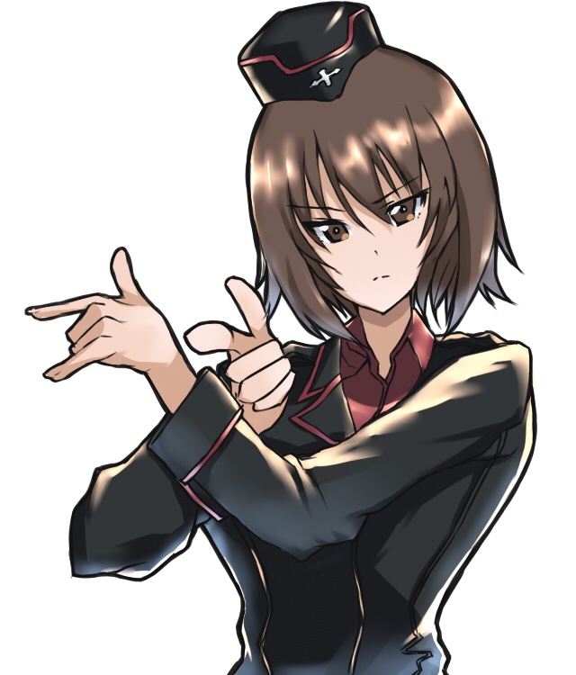 1girl \m/ bishoujo_senshi_sailor_moon black_hat breasts brown_eyes brown_hair closed_mouth cross garrison_cap girls_und_panzer hat jacket kuromorimine_military_uniform liberty_(rirodorirait) long_sleeves looking_at_viewer military military_uniform nishizumi_maho parody pointing pointing_at_viewer red_shirt sailor_moon sailor_moon_pose shirt short_hair simple_background solo standing tsuki_ni_kawatte_oshioki_yo white_background
