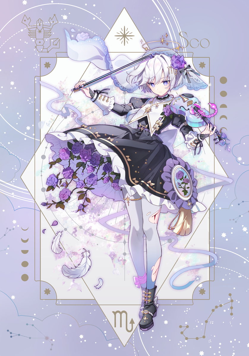 1girl aries_(constellation) black_dress bleeding blood blood_on_leg bow_(music) bridal_gauntlets christmas_star closed_mouth commentary_request dress dress_flower expressionless falling_feathers feathers flower full_body hair_flower hair_intakes hair_ornament hairclip halo highres holding holding_bow_(music) holding_instrument holding_violin injury instrument jewelry layered_dress layered_sleeves long_sleeves necklace nun original pantyhose patterned_background puffy_sleeves purple_eyes purple_flower purple_nails purple_rose renian rose scorpio_(symbol) scorpio_(zodiac) scorpion scorpius_(constellation) short_hair solo star_(symbol) star_necklace thigh_strap torn_clothes torn_pantyhose veil violin white_hair white_pantyhose wind zodiac