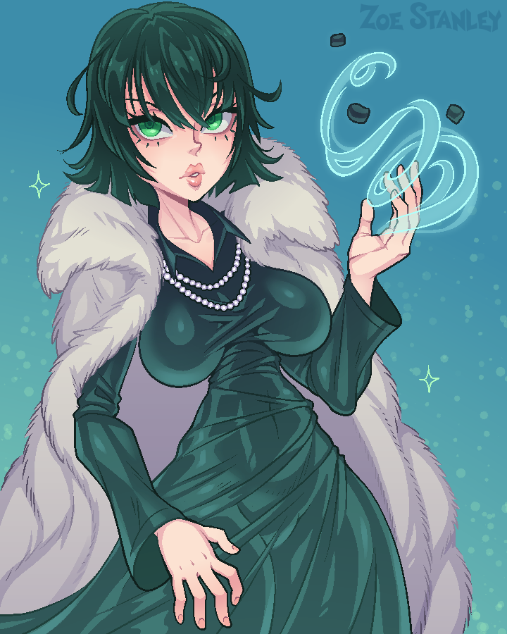 1girl bleedingpervert breasts coat coat_on_shoulders dress fubuki_(one-punch_man) fur_coat green_dress green_eyes green_hair large_breasts long_dress no_bra nose one-punch_man red_lips sagging_breasts short_hair solo white_coat
