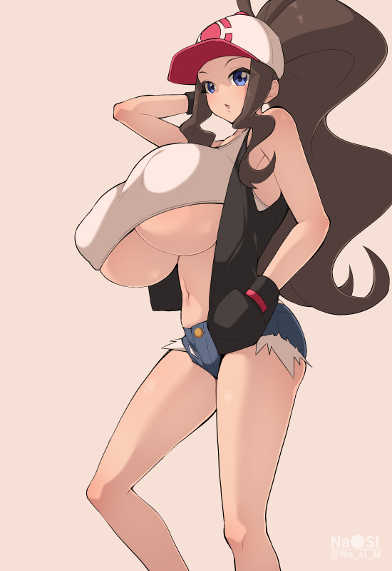1girl alternate_breast_size arm_behind_head baseball_cap black_vest blue_eyes breasts brown_hair crop_top denim denim_shorts hand_in_pocket hat high_ponytail hilda_(pokemon) huge_breasts midriff nanashi_maru nintendo open_mouth pokemon pokemon_bw ponytail short_shorts shorts sidelocks simple_background sleeveless solo underboob vest wavy_hair wristband