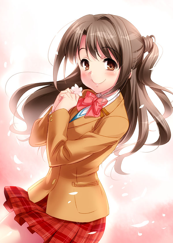 1girl blazer blush bow bowtie breasts brown_hair brown_jacket ears_visible_through_hair female_focus half_updo idolmaster idolmaster_cinderella_girls jacket long_hair long_sleeves looking_at_viewer own_hands_together plaid_clothes plaid_skirt red_bow red_bowtie shimamura_uzuki simple_background skirt smile solo yellow_eyes zen