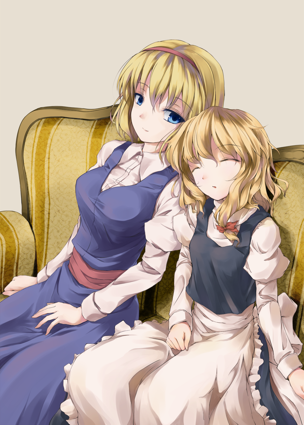 2girls alice_margatroid apron awa_yume black_dress blonde_hair blue_dress blue_eyes braid couch dress closed_eyes female_focus hair_ribbon hairband highres juliet_sleeves kirisame_marisa leaning_on_person long_sleeves multiple_girls no_headwear no_headwear patterned_upholstery puffy_sleeves ribbon sash sitting sleeping smile striped_upholstery touhou waist_apron yellow_upholstery
