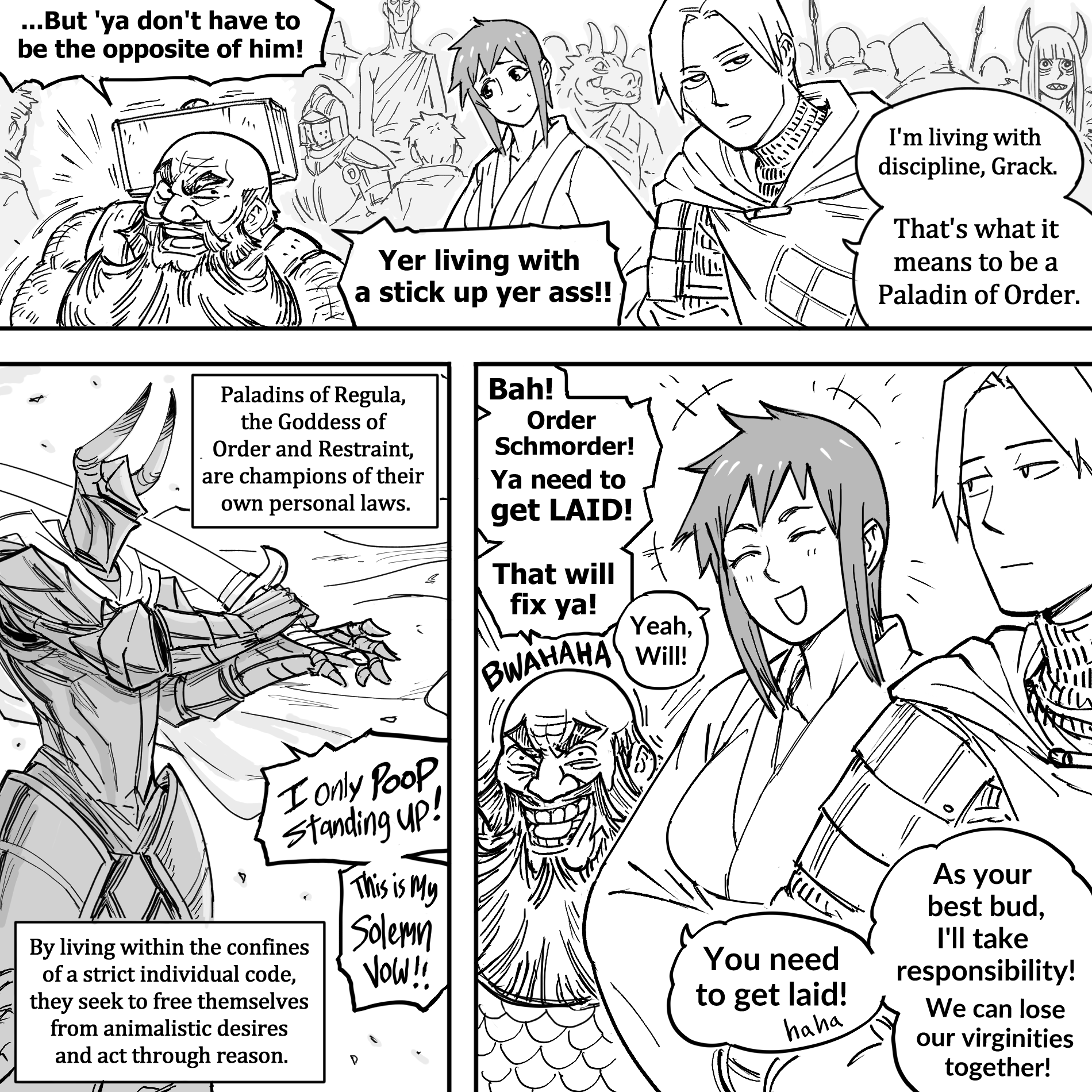 1boy 2girls 6+others ^_^ armor bb_(baalbuddy) breastplate cape cleric closed_eyes crowd dwarf english_text expressionless fake_horns full_body gauntlets helmet highres holding holding_sword holding_weapon hood hooded_cape horned_helmet horns jitome laughing light_blush monochrome multiple_girls multiple_others original outdoors paladin short_hair shouting speech_bubble sword weapon
