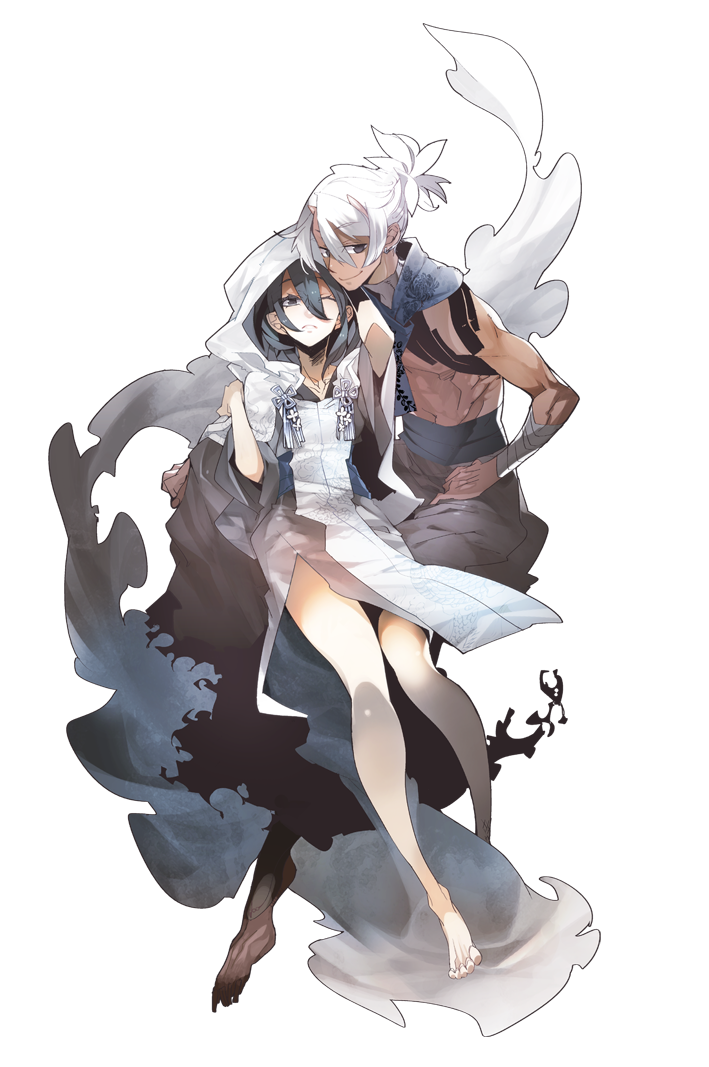 1boy 1girl bandaged_arm bandages barefoot black_hair commentary dark-skinned_male dark_skin fantasy full_body hair_between_eyes hood kukicha long_hair one_eye_closed original short_hair transparent_background