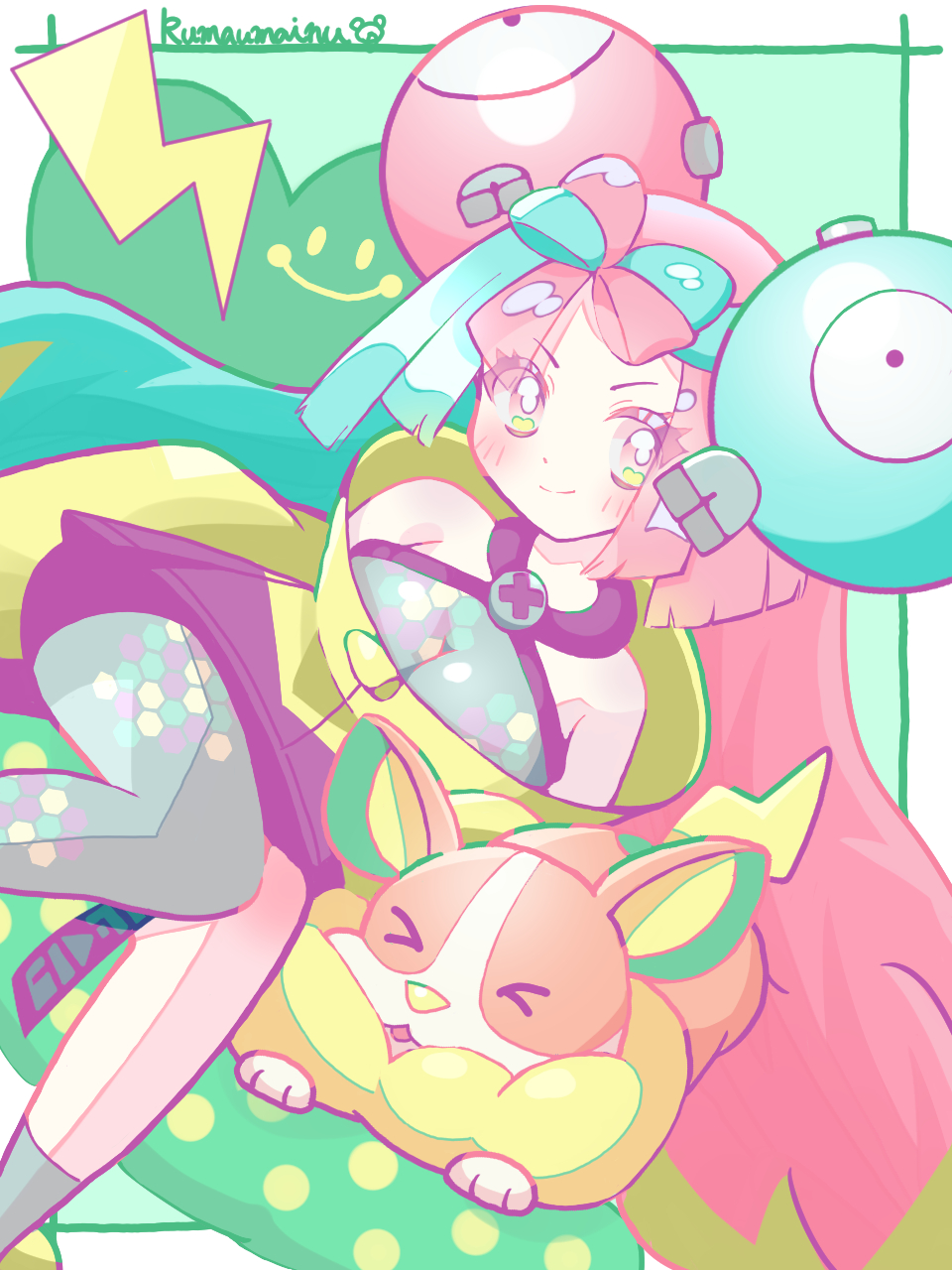 1girl bellibolt creatures_(company) game_freak gen_8_pokemon highres iono_(pokemon) multicolored_hair nintendo pokemon pokemon_sv two-tone_hair x xujs5337 yamper