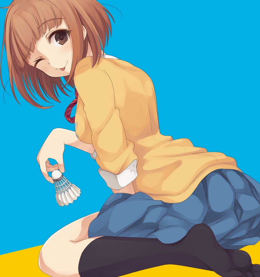 10s 1girl ;p blush brown_eyes brown_hair female_focus idolmaster idolmaster_cinderella_girls idolmaster_cinderella_girls_starlight_stage kitami_yuzu looking_at_viewer one_eye_closed school_uniform shirousagi_una short_hair shuttlecock solo tongue tongue_out