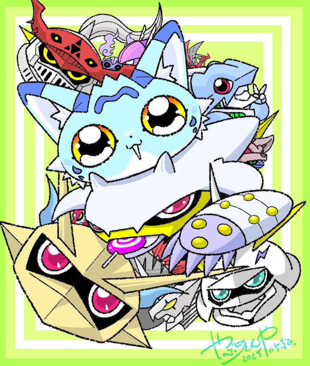 blue_fur body_fur candy chibi craniummon dated digimon digimon_(creature) duftmon dukemon food gankoomon green_eyes group_picture hiragana_digimon_royal_knights_monogatari jesmon knight lollipop lordknightmon magnamon omegamon release_celebration signature simple_background ulforcev-dramon wanyamon yabuno_ten&#039;ya yellow_eyes