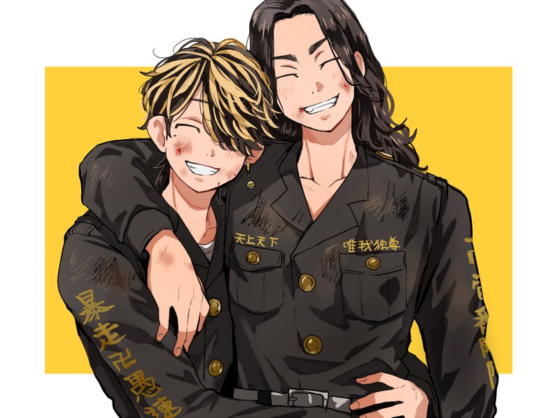 2boys ^_^ arm_around_shoulder baji_keisuke bell belt black_belt black_hair black_jacket blonde_hair blood blood_on_face breast_pocket bruise closed_eyes earrings grin hair_over_one_eye hanemiya_kazutora hug injury jacket jewelry long_hair long_sleeves male_focus mole mole_under_eye multicolored_hair multiple_boys pocket short_hair single_earring smile teeth tokyo_revengers tonshi two-tone_hair yellow_background