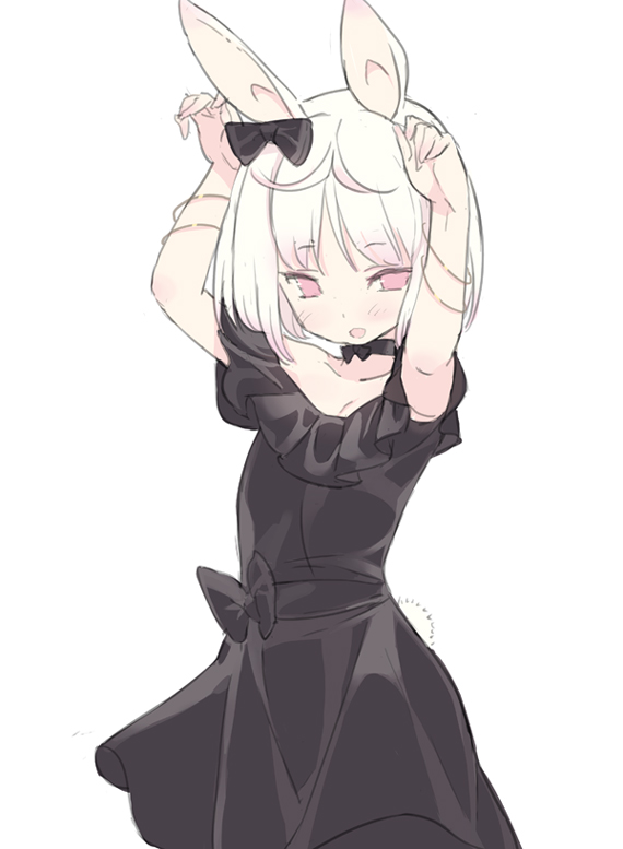 1girl :d animal_ears arms_up black_bow black_dress blade_(galaxist) blush bow bracelet cowboy_shot dot_nose dress hair_bow jewelry looking_at_viewer open_mouth pink_eyes pop-up_story rabbit_ears rabbit_girl rabbit_pose rabbit_tail ruri_ookami sash short_hair simple_background smile solo tail white_background white_hair