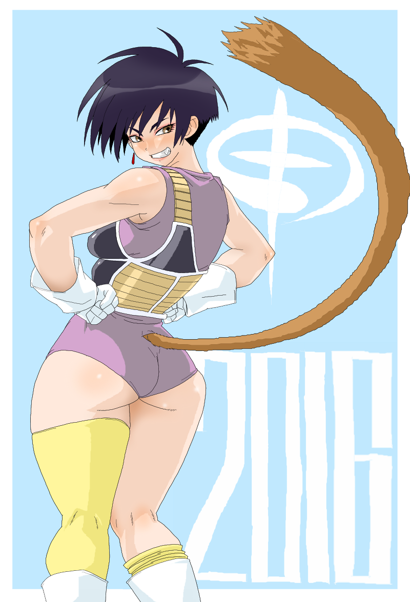10s 1girl 2016 armor ass asymmetrical_legwear backboob bad_id bad_pixiv_id bare_shoulders black_hair blue_background boots border breasts brown_eyes dragon_ball dragonball_z earrings feet_out_of_frame female_focus from_behind gloves grin hands_on_own_hips jewelry legs leotard looking_at_viewer looking_back outside_border seripa short_hair simple_background single_earring small_breasts smile solo sorashu standing tail thighhighs thighs uneven_legwear white_border white_gloves yellow_thighhighs