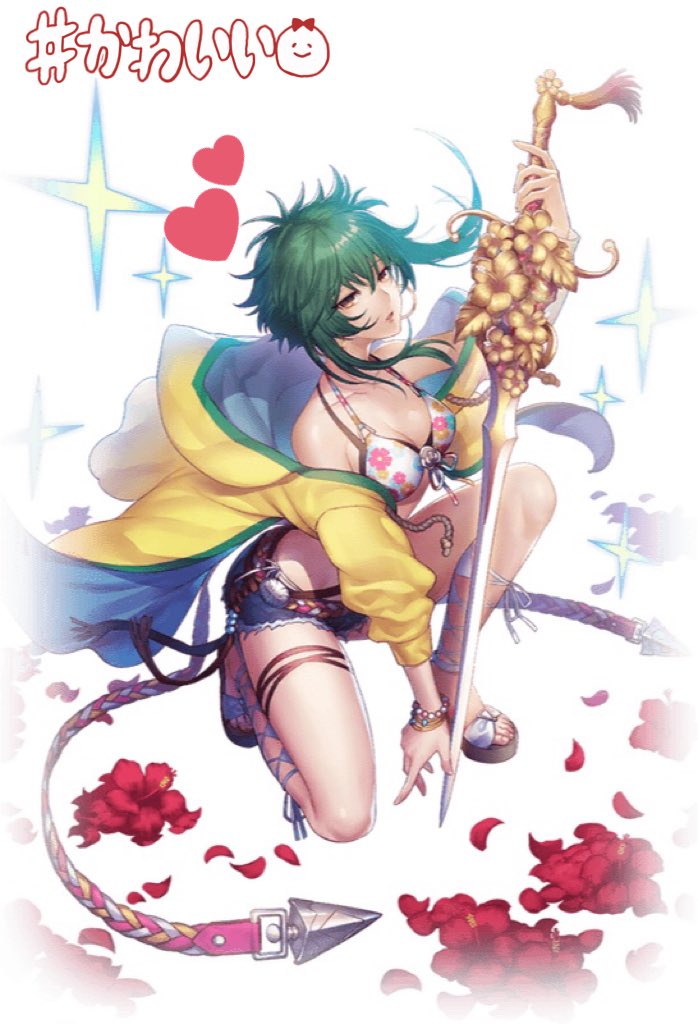 1girl asellus_(saga_frontier) bikini bikini_top_only breasts cleavage flower green_hair looking_at_viewer red_flower red_rose romancing_saga_re;universe rose saga saga_frontier short_hair shorts solo swimsuit sword weapon white_background